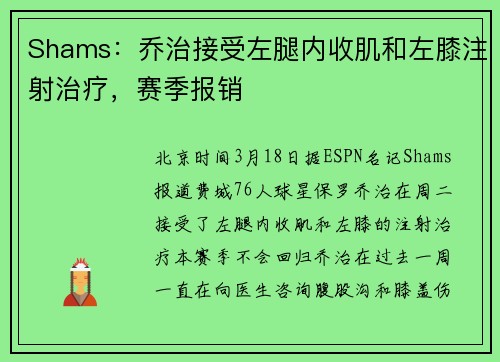 Shams：乔治接受左腿内收肌和左膝注射治疗，赛季报销