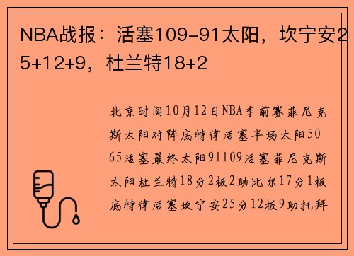 NBA战报：活塞109-91太阳，坎宁安25+12+9，杜兰特18+2
